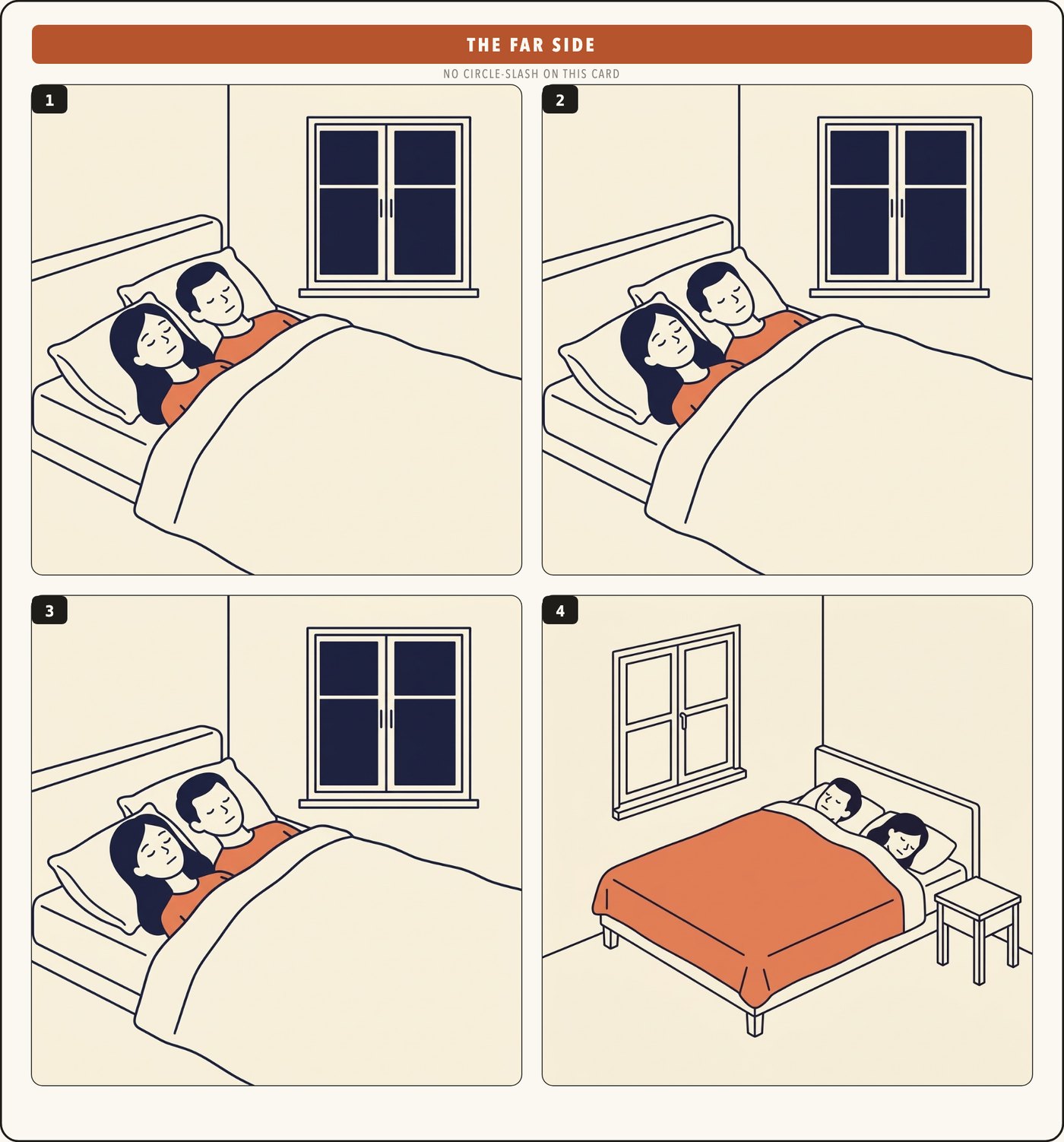 Safety card: The Far Side. Four panels, three of them the same, a couple asleep under one duvet. No circle-slash anywhere.